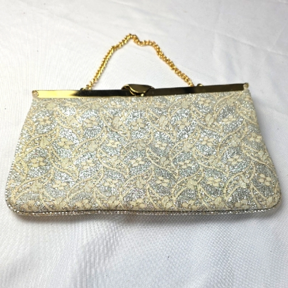Elegant Cream/Gold/Silver Clutch Bag Purse W/Gold Chain Handle 9x6 EUC